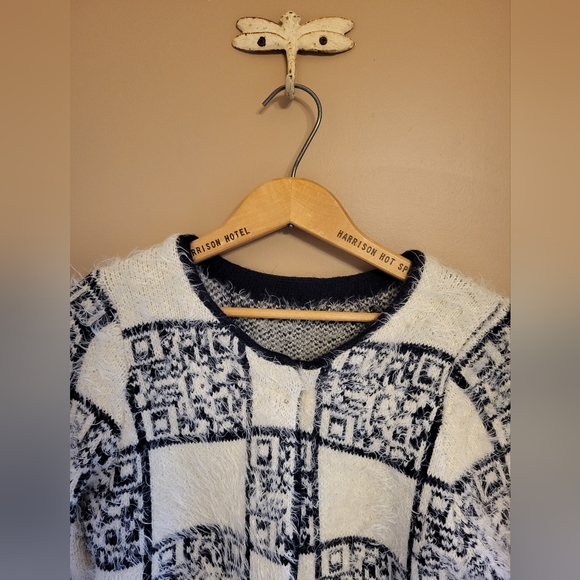 Trendology. Cardigan with QR code design. Navy/indigo & white. Ramie/cotton. S/M - Picture 1 of 5